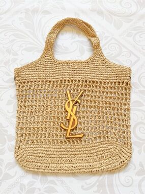 Saint Laurent Natural Raffia Crochet Tote with Gold YSL Accent